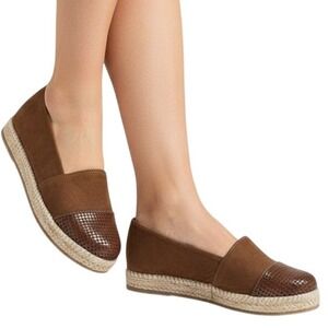 Womens Brown Faux Suede Snake Embossed Cap Toe Espadrille Flats Slip New Sz US 8